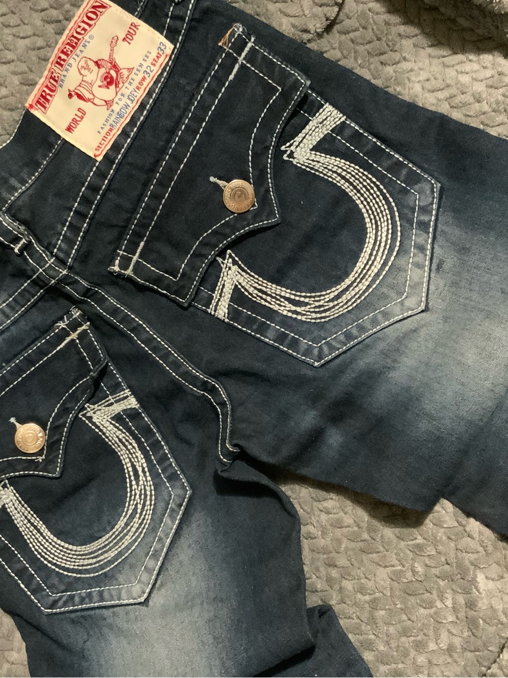 True Religion Men's Faded Blue Relaxed Jeans with Contrast Stitching